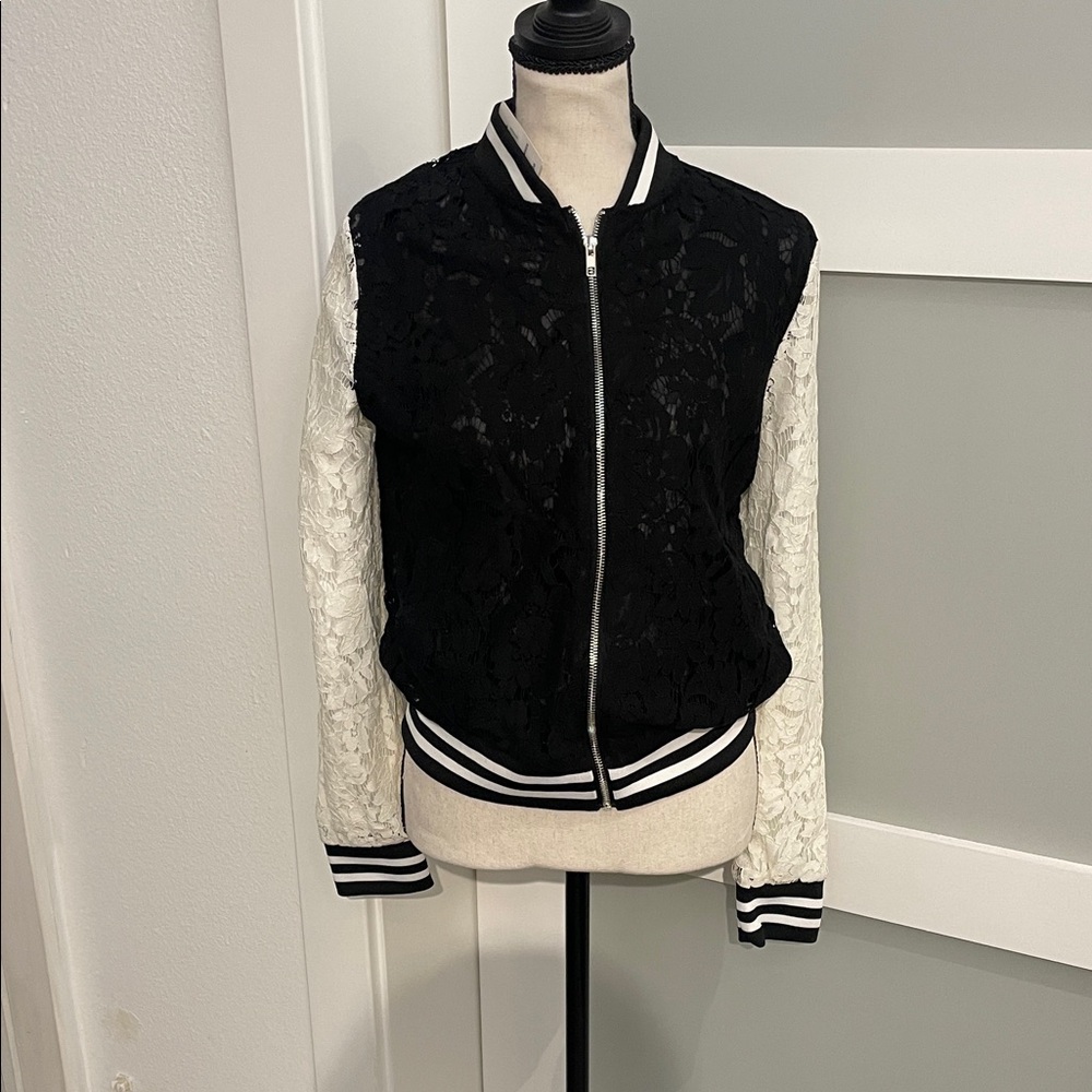 Say What? Black and Cream Lace Varsity Jacket